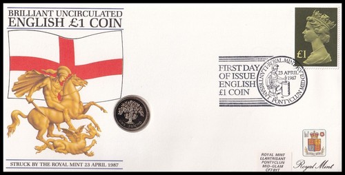 1987 GB English Oak Tree & Royal Diadem BU £1 Coin Royal Mail/Mint Cover