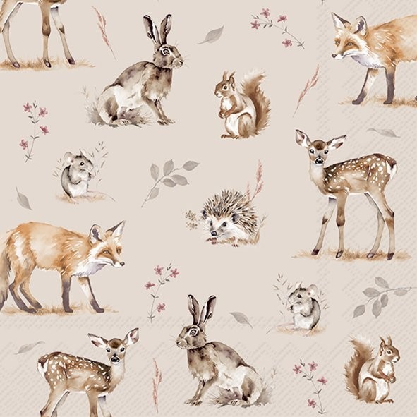 4 xPaper Napkins/33cm/3Ply/Decoupage/Forest Animals/Deer/Fox/Hare/Squirrel/Mouse