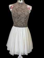 Lace & Tulle High-Neck Sleeveless Dress With Keyhole Back & Beaded Waistband