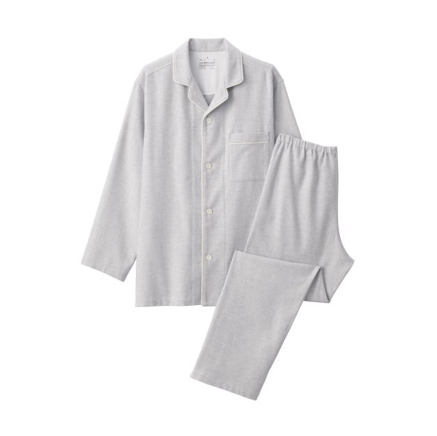 MUJI Men's 100% Organic Cotton Flannel Long Sleeve Pajama Set XS-2XL Seamless