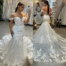 Boho Backless Mermaid Wedding Dress Off Shoulder Lace Applique Tulle Bridal Gown
