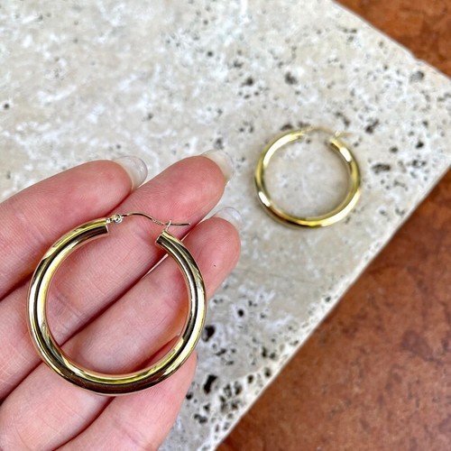 Estate Vintage 10KT Yellow Gold Shiny Hollow Tube Medium Hoop Earrings 28mm - Picture 3 of 7