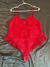 Vintage Red Satin Lace Snap Crotch Ruffles Hi-Cut Teddy Lingerie Bodysuit Large