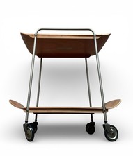 VINTAGE GEBOGENER SPERRHOLZ UND STAHLWAGEN ZWEISTUFIG ALVAR AALTO STIL UM 1950