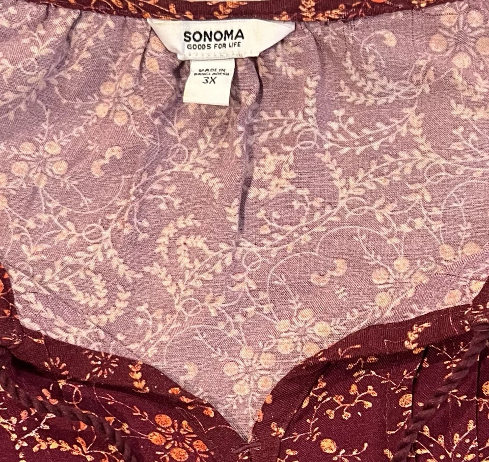 Top Sonoma Talla 3X Borgoña Medallón Campesino Boho Frontal Borla Corbatas Mangas Gorra Foto 3 de 4