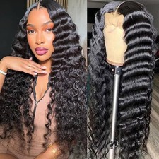 Long Black Hair Deep Wave Synthetic Lace Front Wigs Pre Plucked Natural Hairline