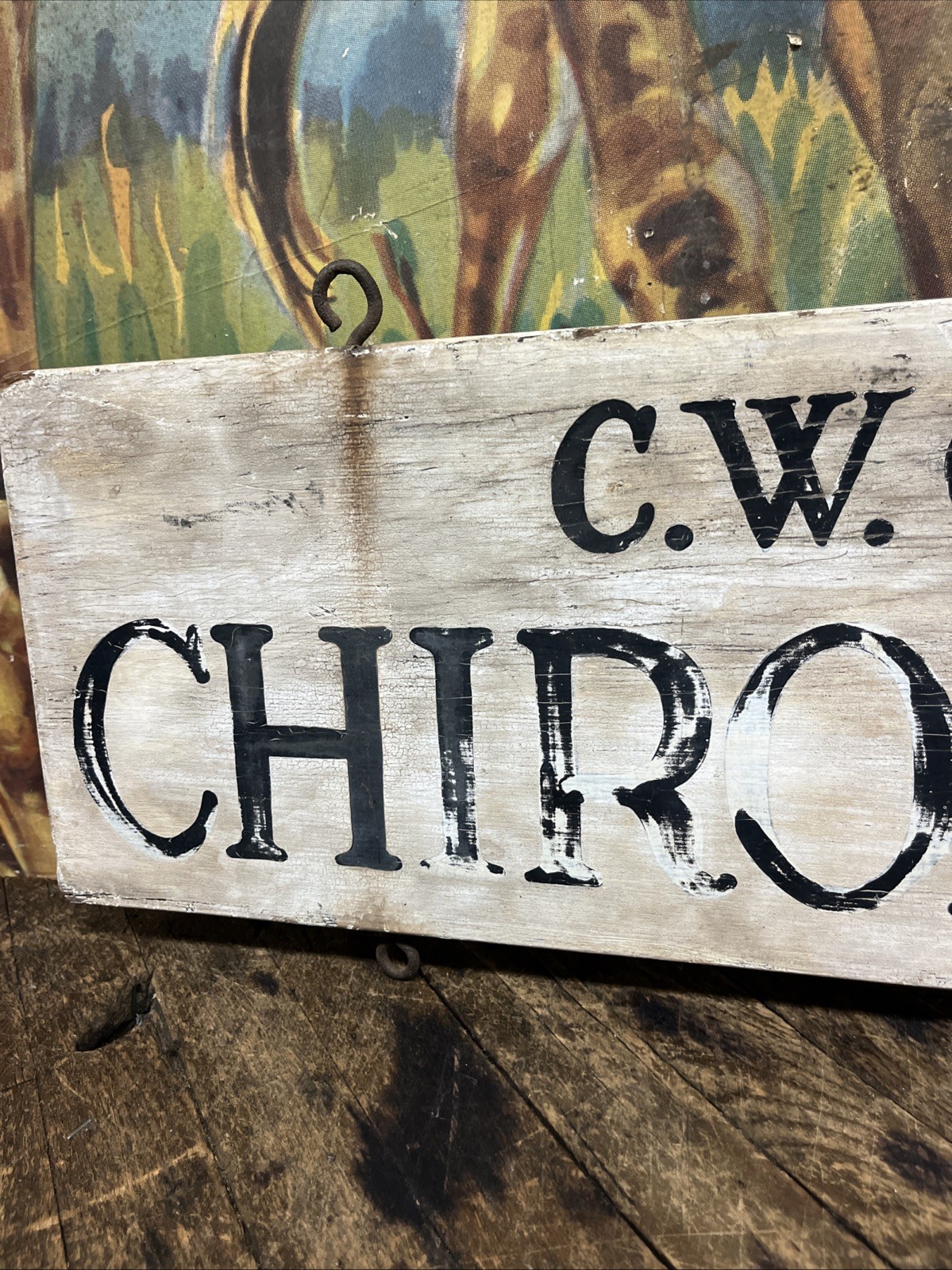 VINTAGE C. 1920 C. W. CLARKE D.C. CHIROPRACTOR DOUBLE SIDED WOOD TRADE SIGN RARE