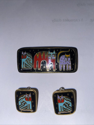 Laurel Burch Fantastic Felines Brooch And Stud Pierced Earrings 