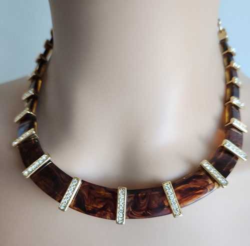 Lia Sophia Kian Lucite Rhinestone Choker Necklace Tortoise Collar