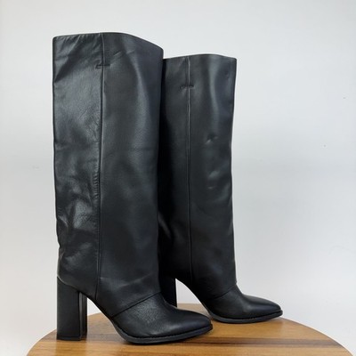 Womens Steve Madden Blanco Black Leather Fold Over Heeled Riding Boots Size 7.5