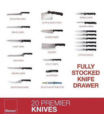 Ronco 20 Piece Full-Tang Handle Prof. Kitchen Stainless Steel Knife Set. 2 Sets 