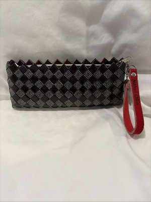 Nahui Ollin Brown, And Brass Checkered Woven Clutch Bag Ziper Close 9'' Excellent