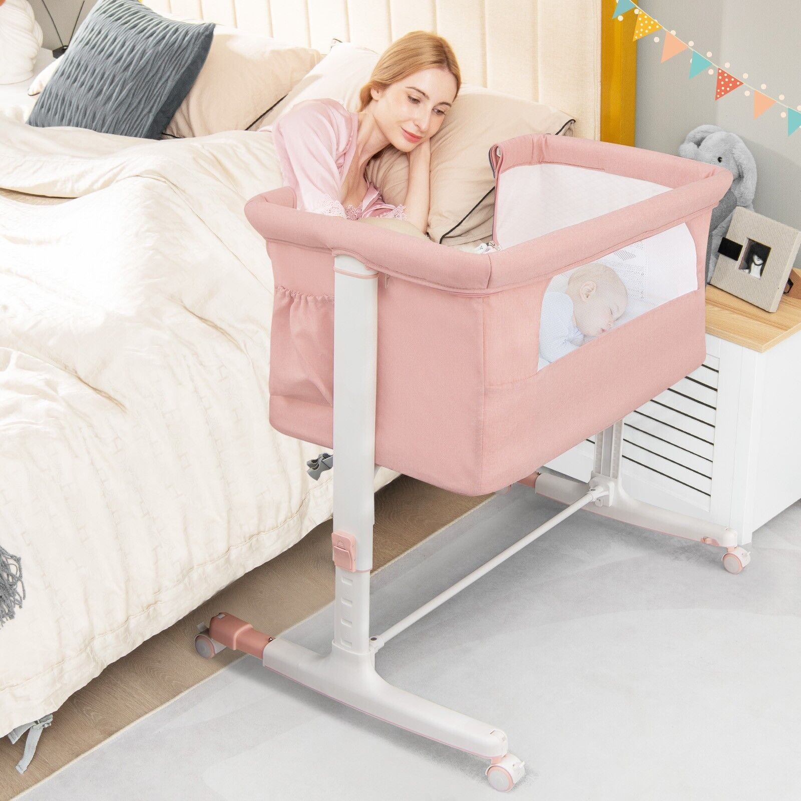 Bed 3-in-1 Baby Bedside Bassinet Crib Height-Height-Adj Infant Newborn Cot