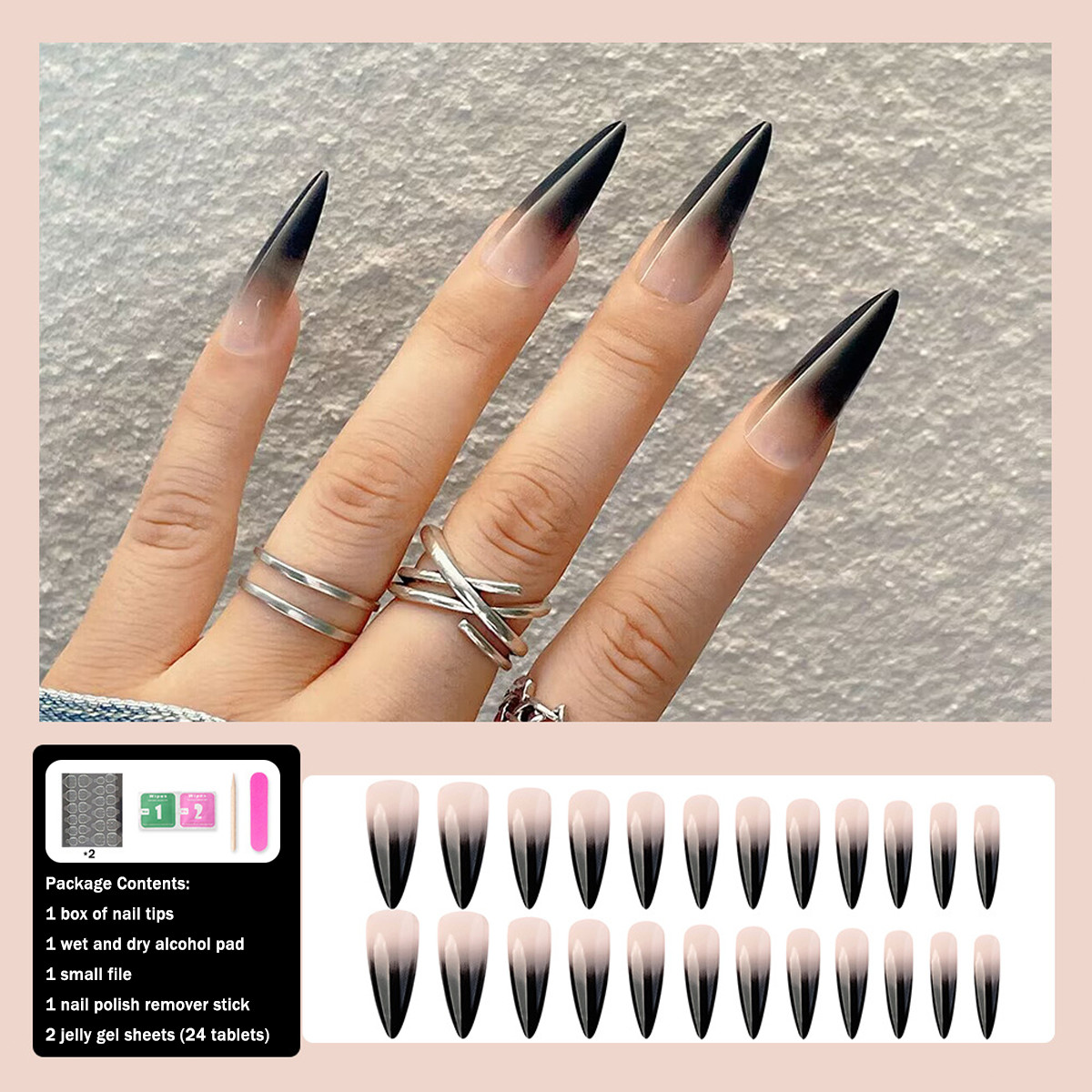 24pcs Long Stiletto Black Glossy Ombre Fake Nail Press On Nails False Nails Glue