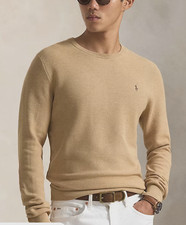 125 NWT Polo Ralph Lauren Mesh-Knit Cotton Crewneck Sweater Beige M, L, XL