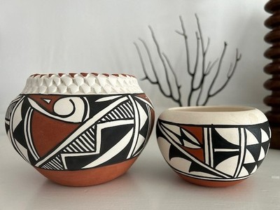 2 Native American Pueblo Pottery Pots Signed ''DC'' Isleta New Mexico