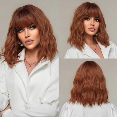 Short Bob Wavy Synthetic Wig Red Brown Copper Ginger Wigs with Bangs for Women N