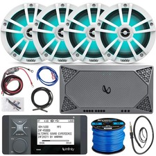 Infinity R3000 Radio, 4x 6.5" White Boat LED Speakers, 4CH Amp, Install Kit