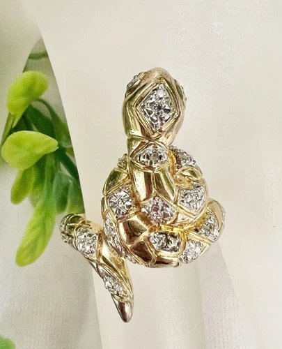 Vintage Genuine Diamond Chip Serpent Yellow Gold Vermeil on 925 Coiled Ring