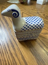 Vintage Hollohaza Pocelain Decorative Box- Blue Ram checkered-Hungary