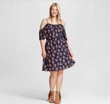 Women's Cold Shoulder Blue & Pink Floral Print Dress - Size 1X