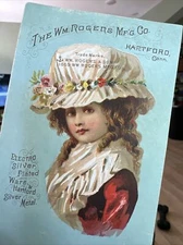 1865 VICTORIAN Business Trade Card Girl Bonnet Wm Rogers Mfg Co Hartford Conn