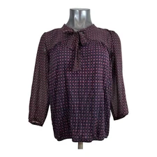 Loft Women's Blouse Tie Front 3/4 Sleeve Navy Blue Maroon Size S