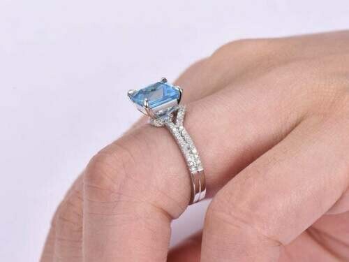 2.50Ct Lab-Created Blue Topaz Bridal Engagement Set Ring 14K White Gold Plated - Picture 10 of 12