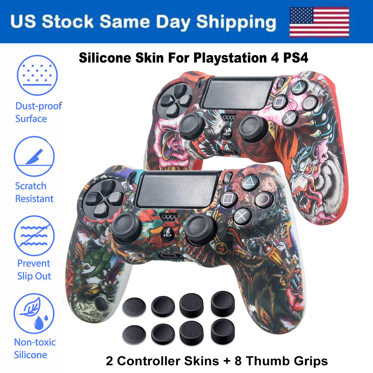 2PCS Silicone Grip Cover Skin Dragon Case For PS4 PS4 Slim PS4 Pro  Controller
