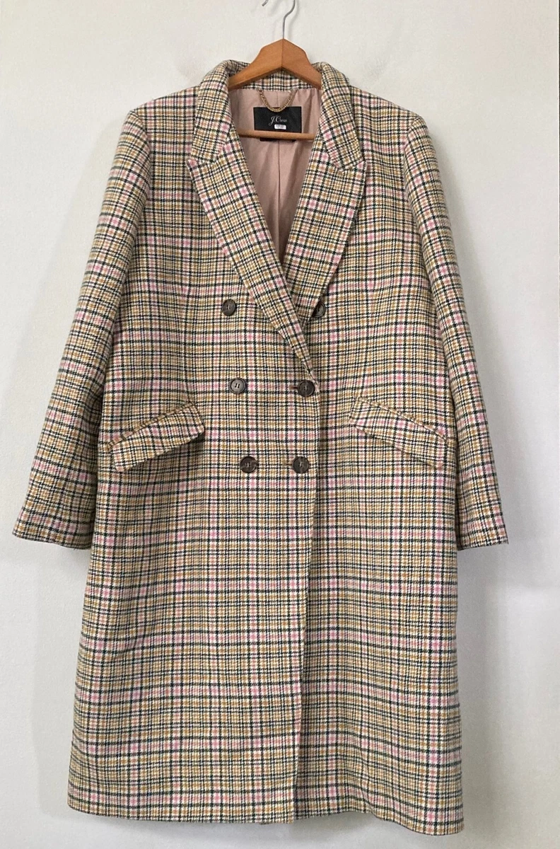 J.CREW LONG DOUBLE BREASTED TOPCOAT IN PLAID SIZE 16 WARM CARAMEL IVORY AB908