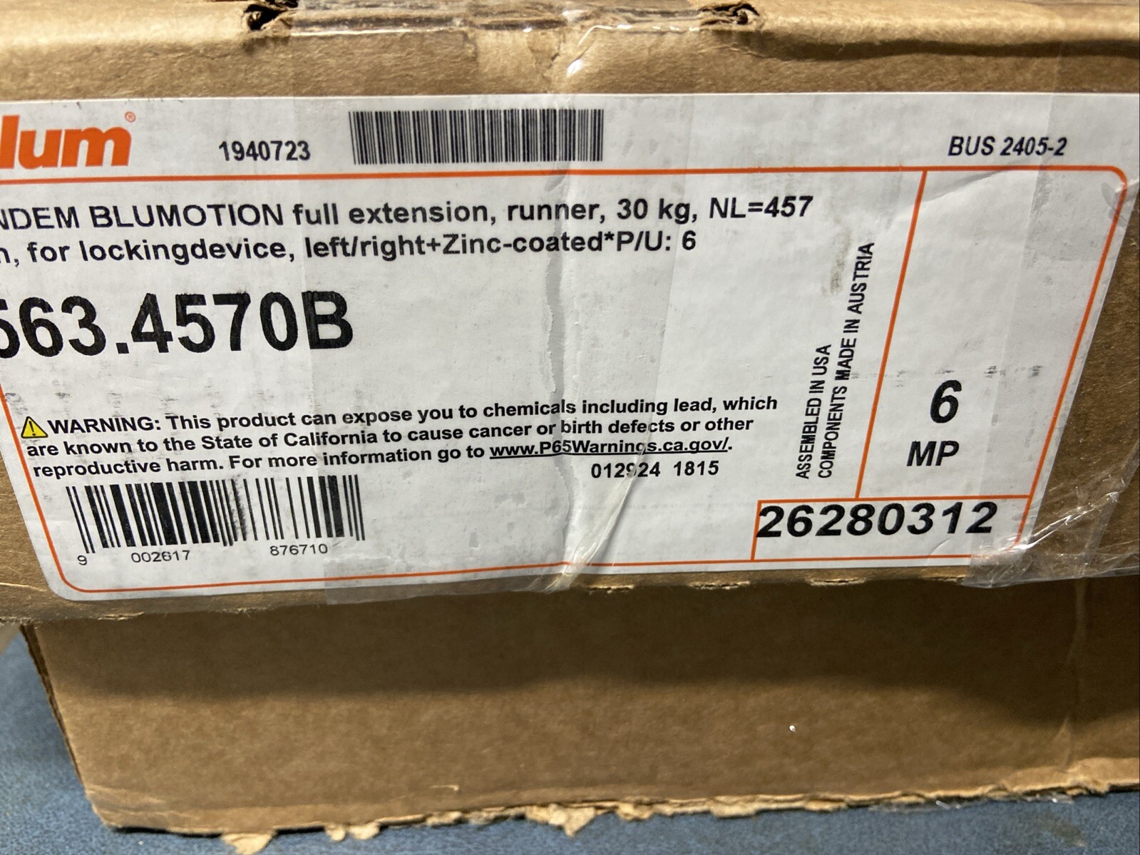 Blum 563.4570B TANDEM 18" Concealed Undermount Slide, 100 lb Cap, Self/Soft Clos