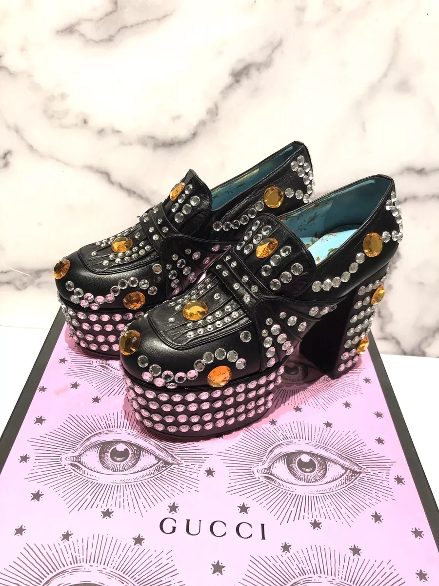 GUCCI Amilna Black Leather Embellished Crystal Platform High Block Loafers Heels