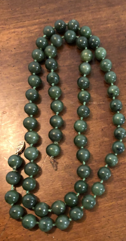 Vintage Jade Hand Knotted Bead 28" Long Necklace. 14KS Clasp Filigree Accented.