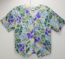Jasco Uniform Top Womens Scrub SZ S Purple and Green Blue Leave Flower Pattern