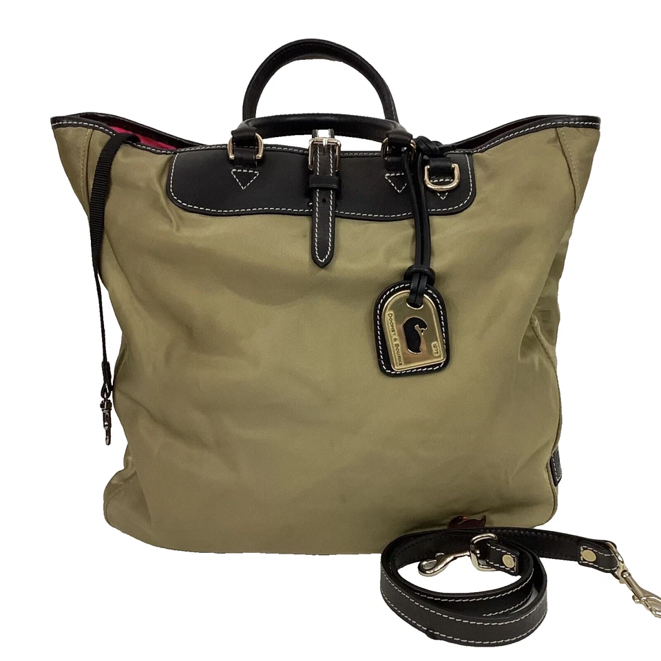 Dooney & Bourke-Olive Green Nylon-Pink Interior-Hobo/Slouch Satchel Tote + Strap
