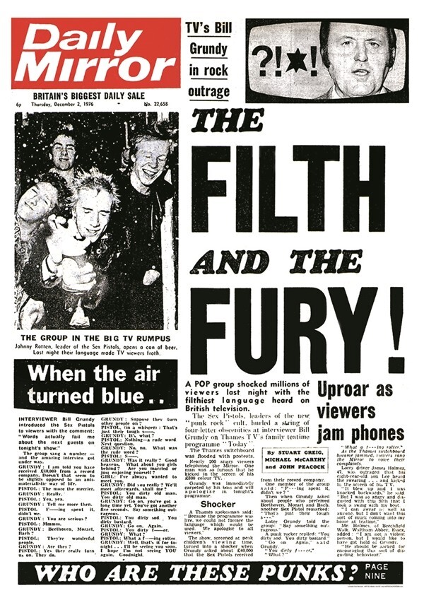 SEX PISTOLS POSTER 1976 DAILY MIRROR COVER FILTH & THE FURY 23x34