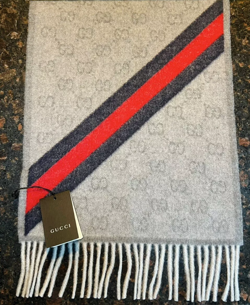 FOULARD laine GUCCI 570603 3G200 1466 SC NIKKY O 37X190 WO bleu neuf avec étiquette
