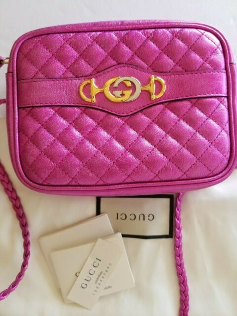 New Gucci Quilted Metallic Leather Camera Bag Crossbody Shoulder Bag Fuchsia