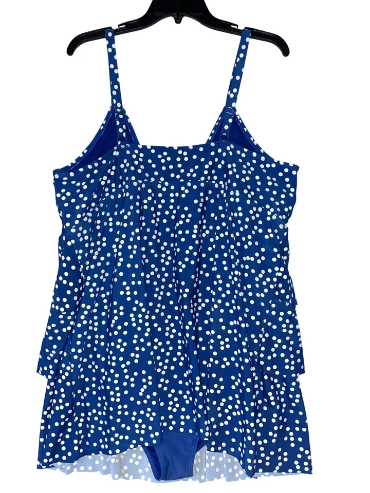 Vestido de baño con volantes a lunares azul blanco talla grande 24W de Jaclyn Smith Foto 3 de 4