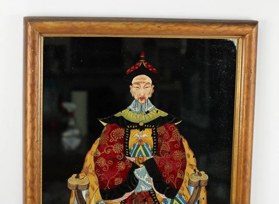 Antigua pintura de vidrio reverso emperador chino enmarcada Foto 3 de 4