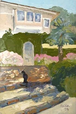 Cottage Painting Oil Original Impressionism Black Cat Collectible Cityscape Art