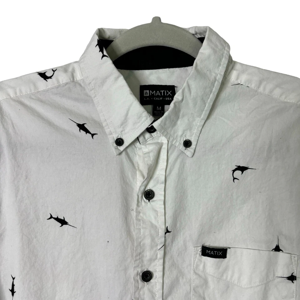 Matix Shirt Mens Size Medium White Shark Print Button Up Short Sleeve Cotton - Image 2 of 4