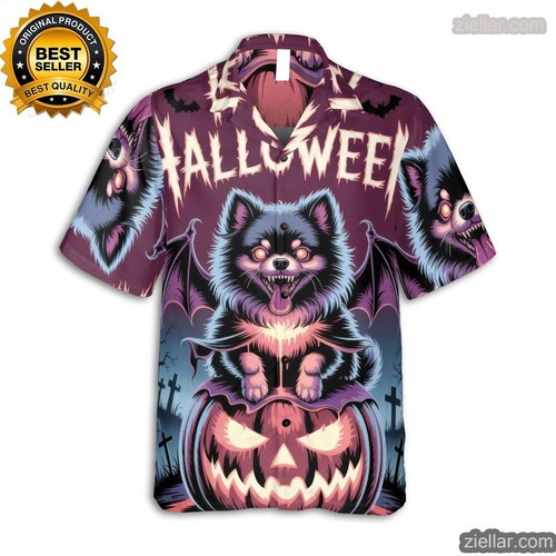 Camicia hawaiana Halloween cane pomerania spaventosa con disegno zucca e ali di pipistrello - Foto 4 di 6