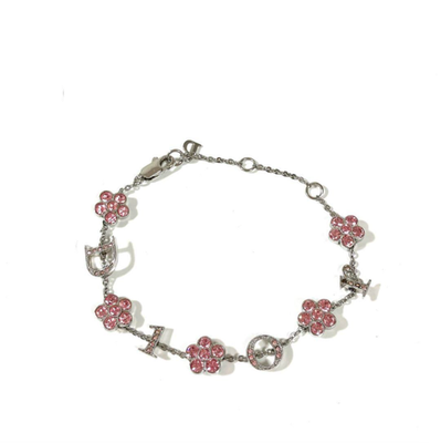 Christian Dior Flower Rhinestone Logo Bracelet Silver Pink