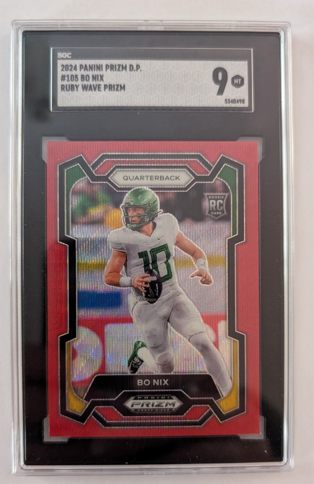 2024 Panini Prizm Draft Bo Nix #105 Ruby Wave Prizm Rookie SGC 9 Oregon Ducks