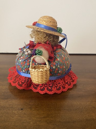 Pincushion Doll Blonde Hair  In Red White Blue floral Red Lace Handmade sewing