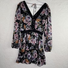 Guess Dress Womens Large Black Floral Long Sleeve Mini Boho Sheer Ruffle Party