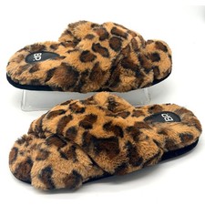 BP Womens Leopard Print Faux Fur Slippers Size L 9-10 Fuzzy Crossband Open Toe