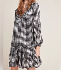 Anthropologie Maeve Margaret Long Sleeve Black Cream Houndstooth Mini Dress Med