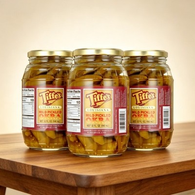 NIB (3 Pack) Tiffe's Mild Pickled Okra Louisiana Style Garlic Spiced Crunchy